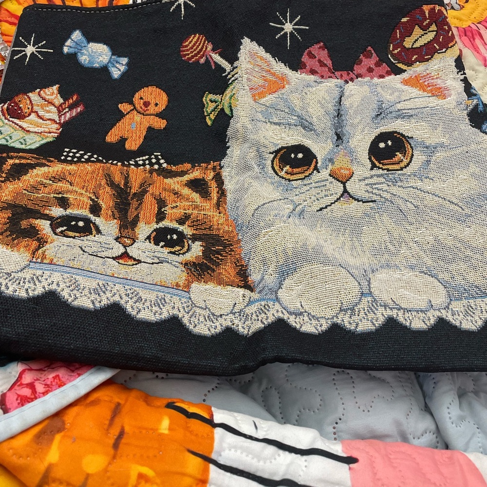 Source Unknown Black Tote with Embroidered Cream and Brown Kittens